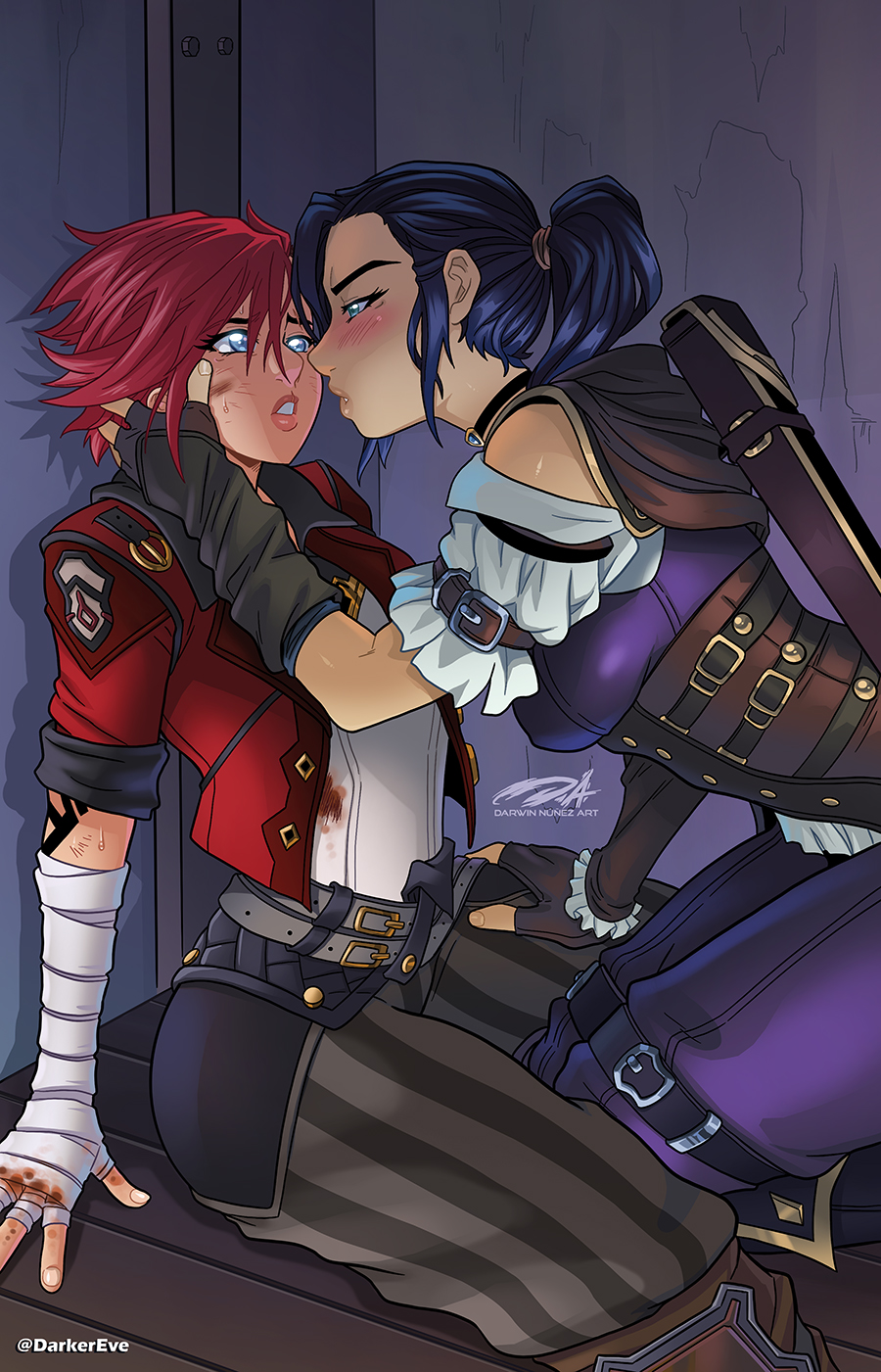 2girls, arcane, arcane caitlyn, arcane vi, blue eyes, blue hair, blush, caitlyn kiramman, canon couple, darkereve, eye contact, female, female only, hi res, imminent kiss, league of legends, narrowed eyes, ponytail, red hair, vi, yuri