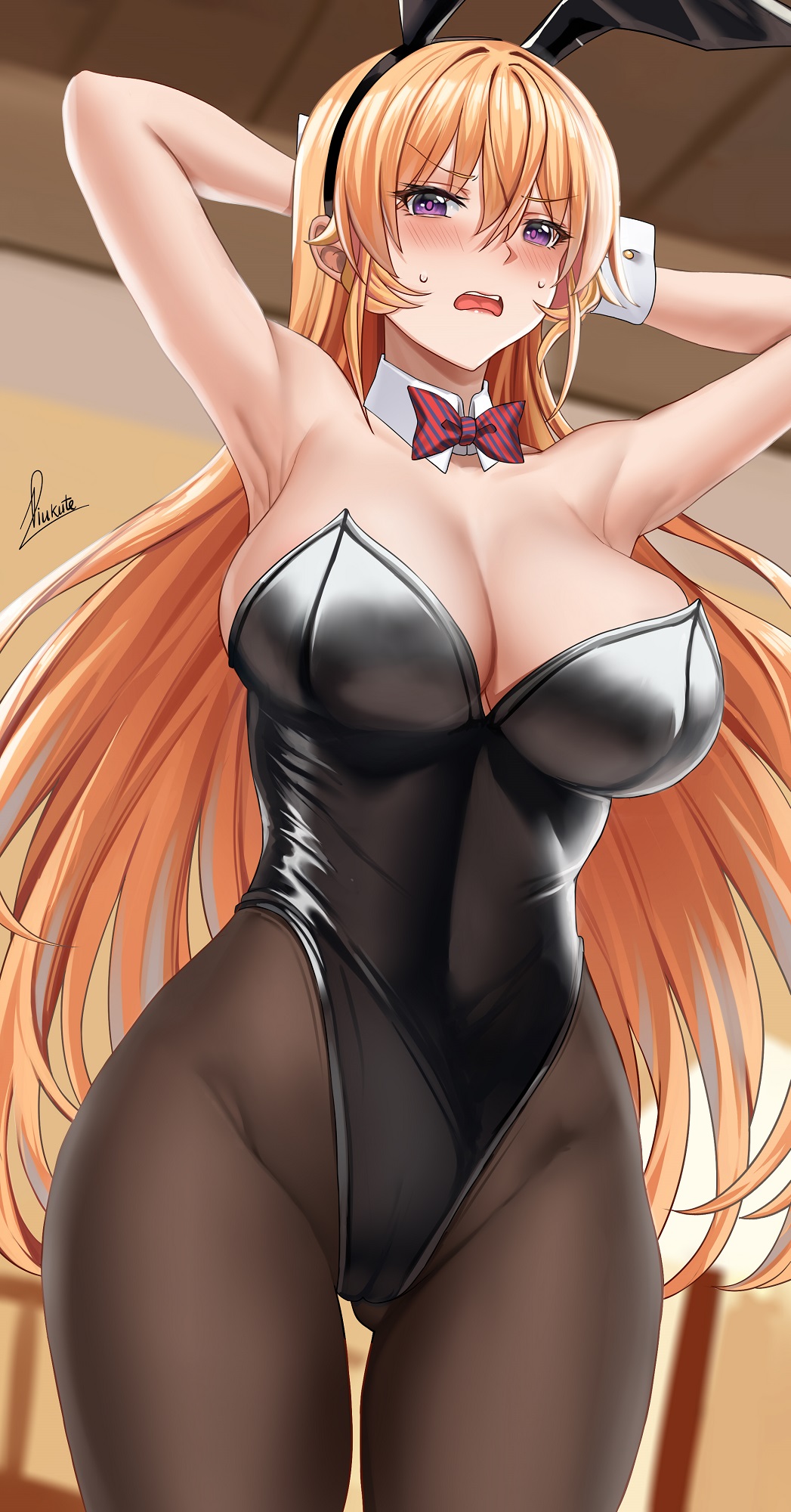 1girls, abs, absurd res, armpits, arms behind head, ass, ass visible through thighs, big breasts, black leggings, black legwear, black leotard, blonde, blonde hair, blonde-haired female, blush, bondage, bowtie, breasts, bunny ears, bunny girl, bunnysuit, cleavage, clothed, clothing, detailed background, female, hair between eyes, hand on head, hands behind head, hi res, highres, hips, huge breasts, large breasts, leggings, leotard, long hair, looking away, mouth open, nakiri erina, necktie, open mouth, piukute062, purple eyes, pussy, pussy lips, shokugeki no souma, small waist, solo, sweat, sweatdrop, thick, thick ass, thick thighs, thighs, tight clothing, tights, waist, wide hips