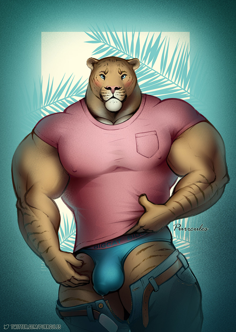 anthro balls_outline belt biceps big_bulge big_muscles biped blue_eyes bodily_fluids bottomwear briefs briefs_only bulge clothed clothing clothing_lift denim denim_clothing digital_media_(artwork) felid fur genital_fluids genital_outline hi_res huge_muscles hybrid jeans liger lion looking_at_viewer mainlion male mammal muscular muscular_anthro muscular_male nipple_outline pantherine pants pants_down partially_clothed pecs penis_outline precum precum_through_clothing precum_through_underwear purrcules_(character) quads shirt shirt_lift solo standing striped_body striped_fur stripes tan_body tan_fur thick_thighs tight_clothing tight_shirt tight_topwear topwear underwear underwear_only undressing wet wet_clothing