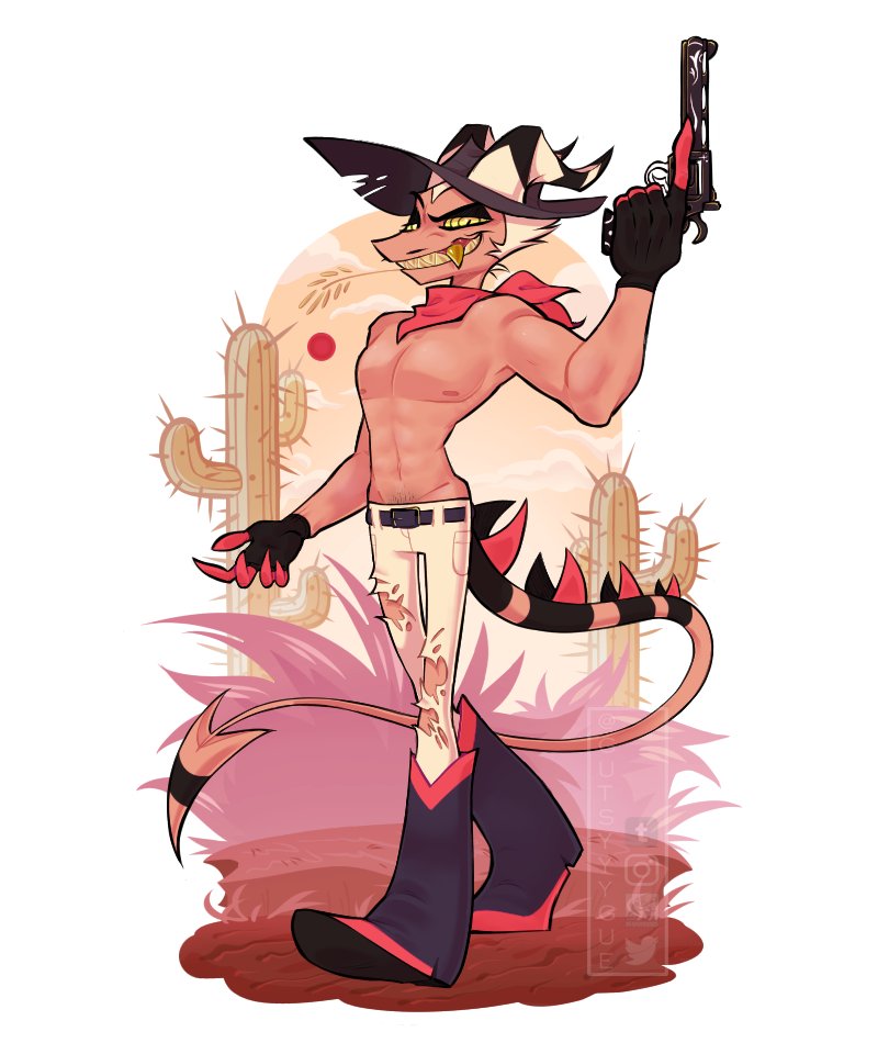 cowboy fangs gutsyyygue helluva_boss looking_at_viewer male_only muscular_male scalie shirtless striker_(helluva_boss)