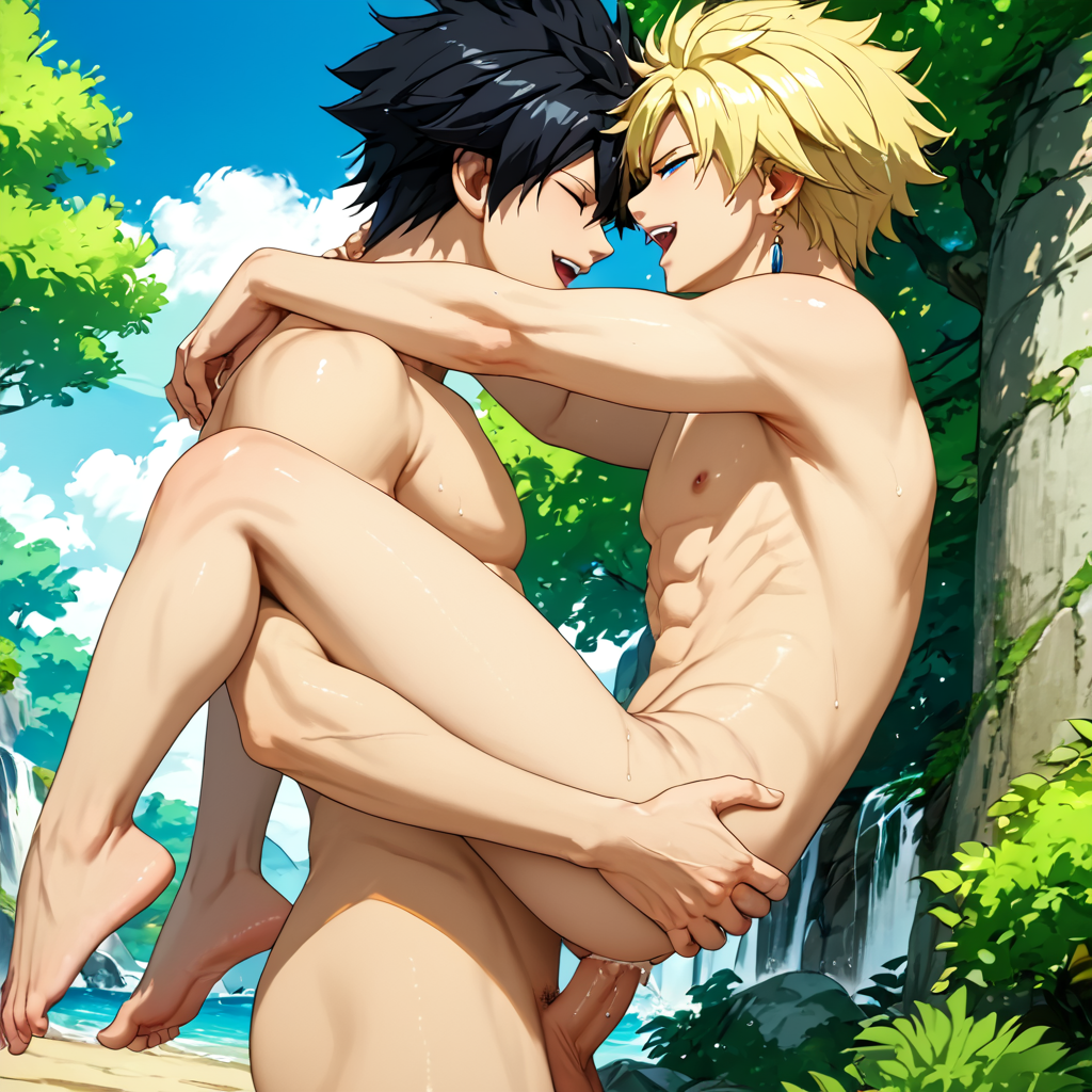 abs absurdres ai_generated anal anal_sex black_eyes blonde_hair blue_eyes dark_hair earrings eye_scar fairy_tail fit_male gay gay_sex gray_fullbuster highres muscular muscular_male outdoors outdoors_nudity outdoors_sex penis penis_in_ass pony_diffusion_xl spiky_hair stand_and_carry_position standing sting_eucliffe two_boys yaoi