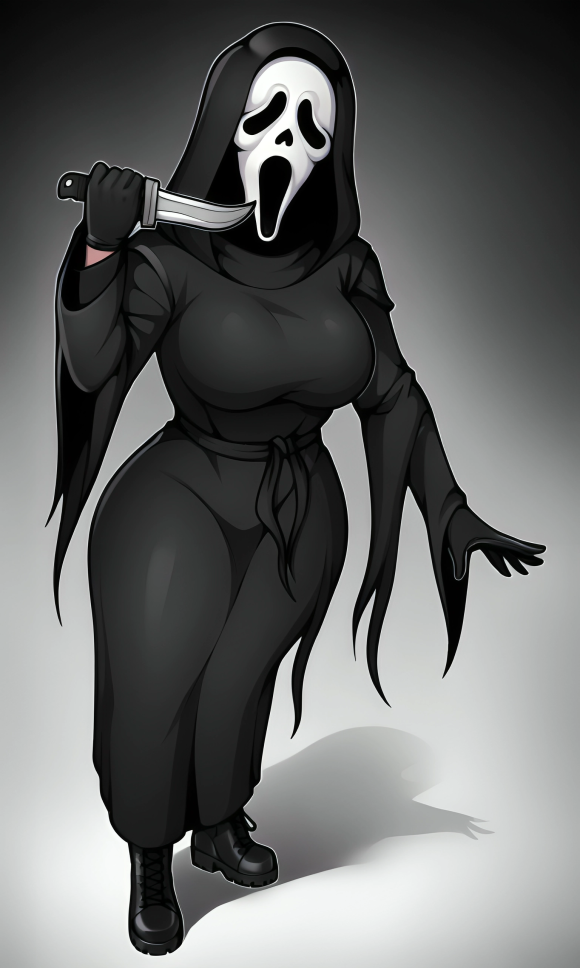 ai_generated big_breasts black_boots black_gloves black_hood black_robe busty curvy curvy_figure female fully_clothed ghostface ghostface_(scream) holding_object holding_weapon knife looking_at_viewer mask masked_female pixai scream_(franchise) simple_background solo white_background