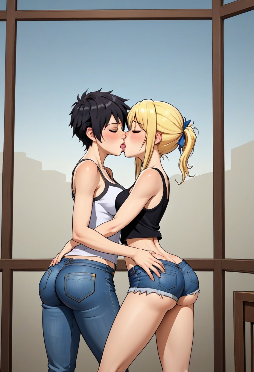 ai_generated black_hair blonde_hair fairy_tail girl_on_girl kissing lucy_heartfilia sexy_body