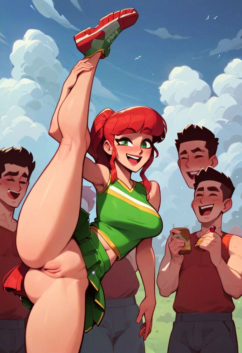 1girls ai_generated bbq cheerleader cheerleader_uniform cookout exuberantconsent freckles ginger leg_lift multiple_boys no_panties one_leg_up outdoors ponytail presenting presenting_pussy red_hair standing standing_split