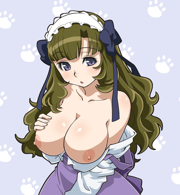 bare_shoulders breasts dress face frills green_hair haganemaru_kennosuke hairband large_breasts long_hair maid_headdress mikogami_nagisa nagisa_mikogami nipples purple_eyes ribbon topless wavy_hair