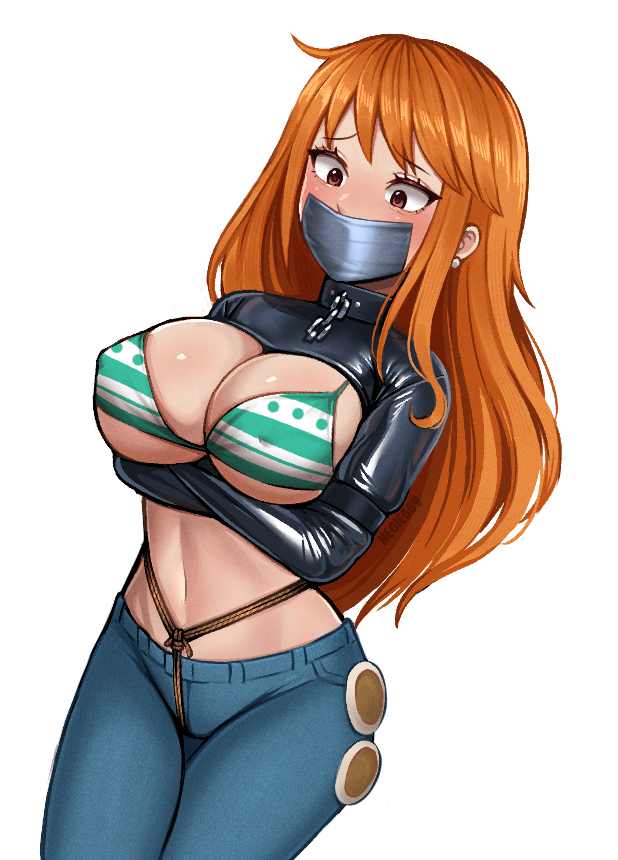 1girl bikini_top bolero_straitjacket crotch_rope denim_jeans female female_only jeans long_hair midriff nami nami_(one_piece) negieggy nipples_bulge no_background one_piece orange_hair post-timeskip straitjacket tape_gag worried