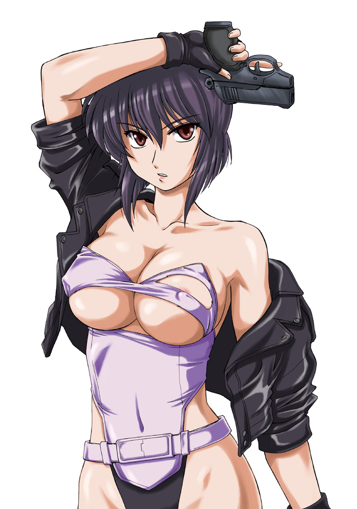 1girls bare_shoulders belt breasts cleavage cyborg erect_nipples female female_only fingerless_gloves ghost_in_the_shell gloves gun highleg jacket kusanagi_motoko large_breasts leotard light-skinned_female light_skin off_shoulder purple_hair red_eyes short_hair solo torn_clothes underboob wanyan_aguda weapon white_background