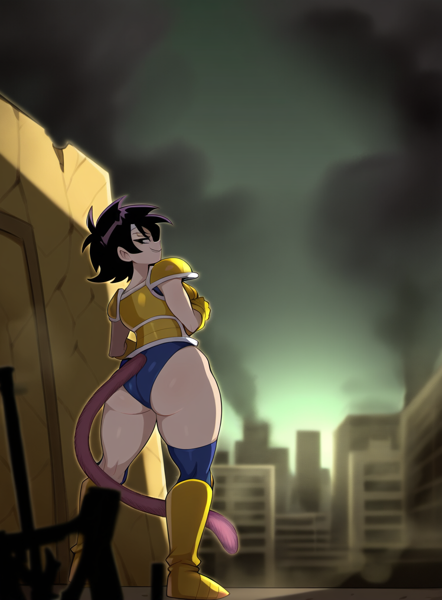 1girls ai_generated alien alien_girl ass big_ass black_hair breasts city dat_ass destroyed_building destroyed_city dragon_ball dragon_ball_super dragon_ball_z female mullon nameless_character not_porn novelai saiyan scouter smirk tail