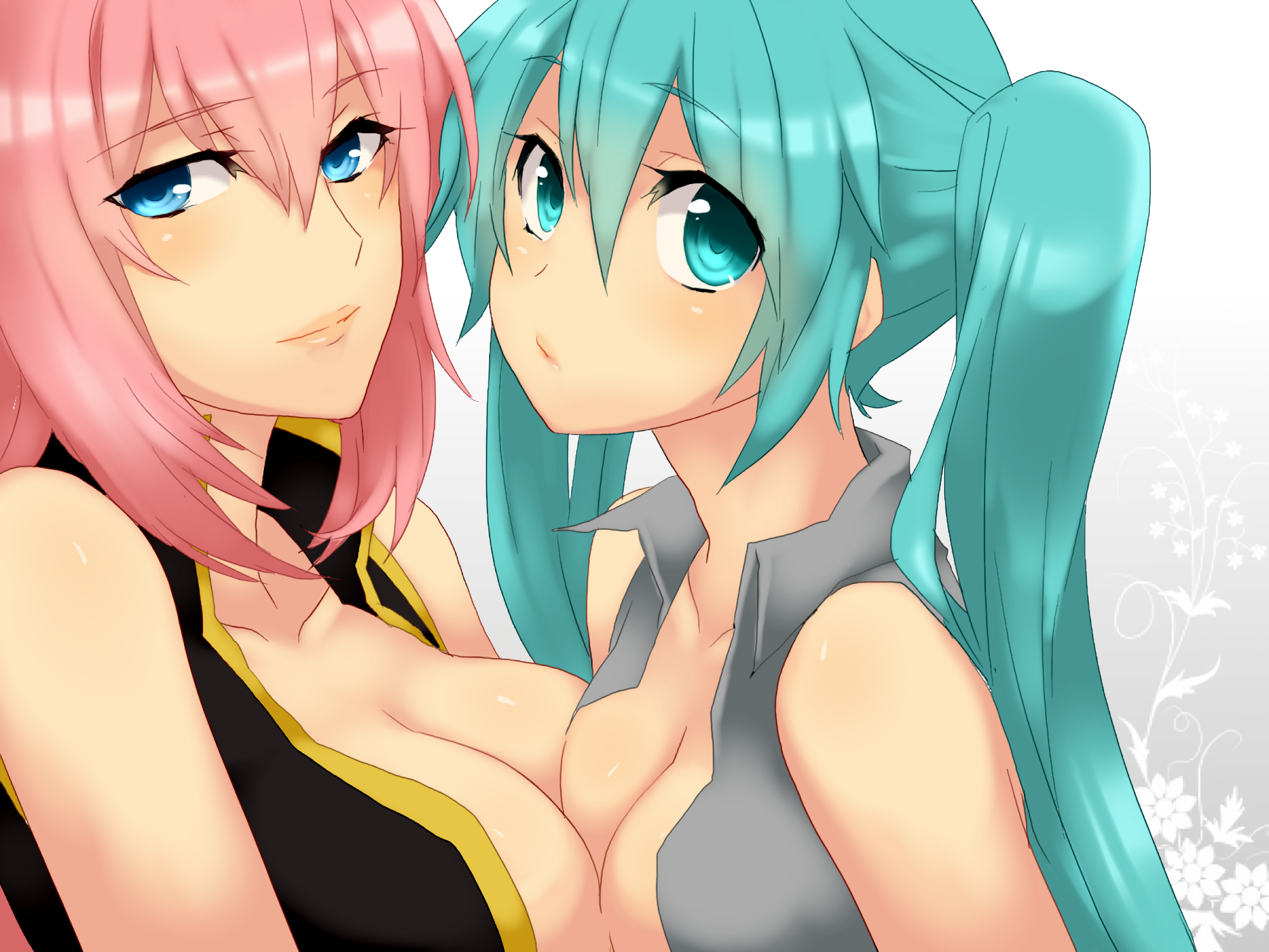 2girls, aqua eyes, aqua hair, asymmetrical docking, bare shoulders, blue eyes, blush, breast press, breasts, cleavage, duo, female, female focus, female only, hatsune miku, highres, large breasts, lipstick, long hair, medium breasts, megurine luka, multiple girls, open clothes, open shirt, pink hair, shirt, simple background, smile, symmetrical docking, twintails, vocaloid, yuri