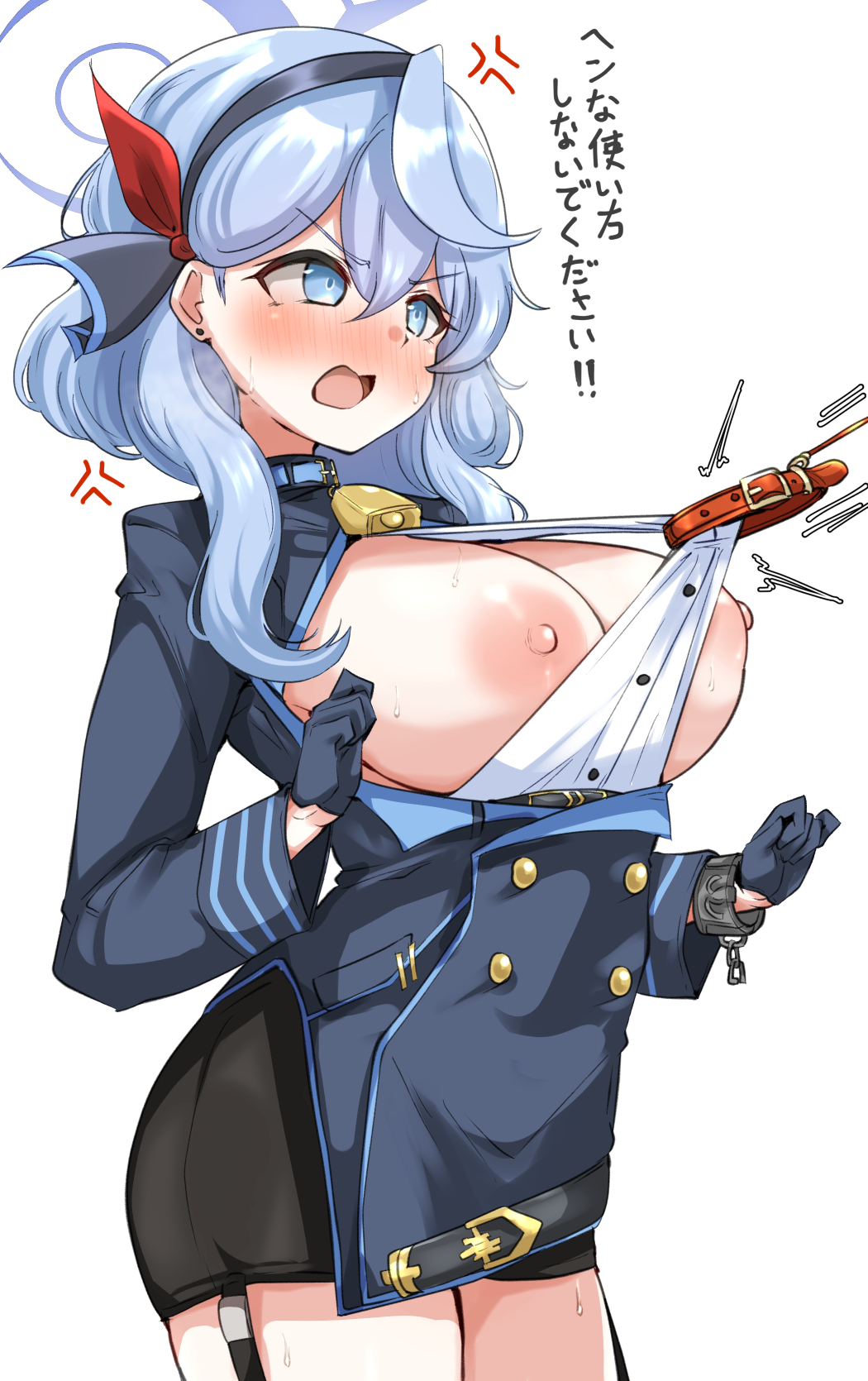 1girls :o ako_(blue_archive) anger_vein angry assisted_exposure bell black_hairband black_skirt blue_archive blue_eyes blue_gloves blue_hair blue_shirt blush breasts_out cleavage collar cowboy_shot dot_nose glaring gloves hairband halo highres large_breasts legs_together looking_ahead machismo_fuji medium_hair nipples open_mouth red_collar shiny_skin shirt simple_background skirt solo standing sweat thigh_strap v-shaped_eyebrows white_background