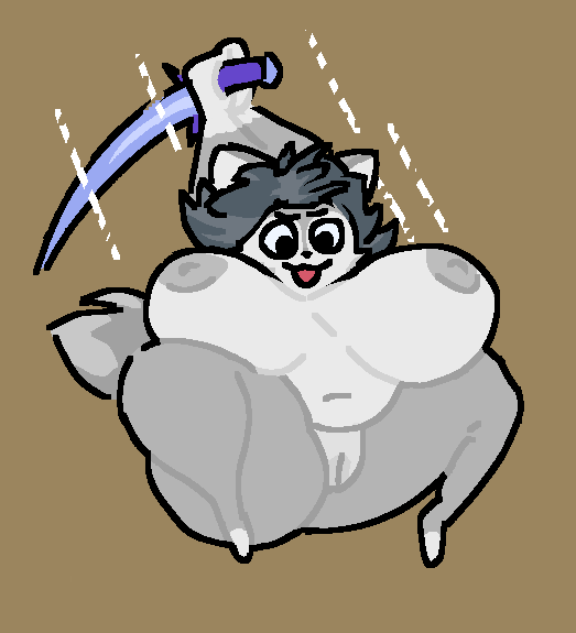 :3 anthro atlyss attacking big_breasts big_butt from_above grey_body grey_fur grey_hair grey_tail noscope360 pixel_art poon_(atlyss) pussy self_upload simple_background solo solo_female solo_focus sword