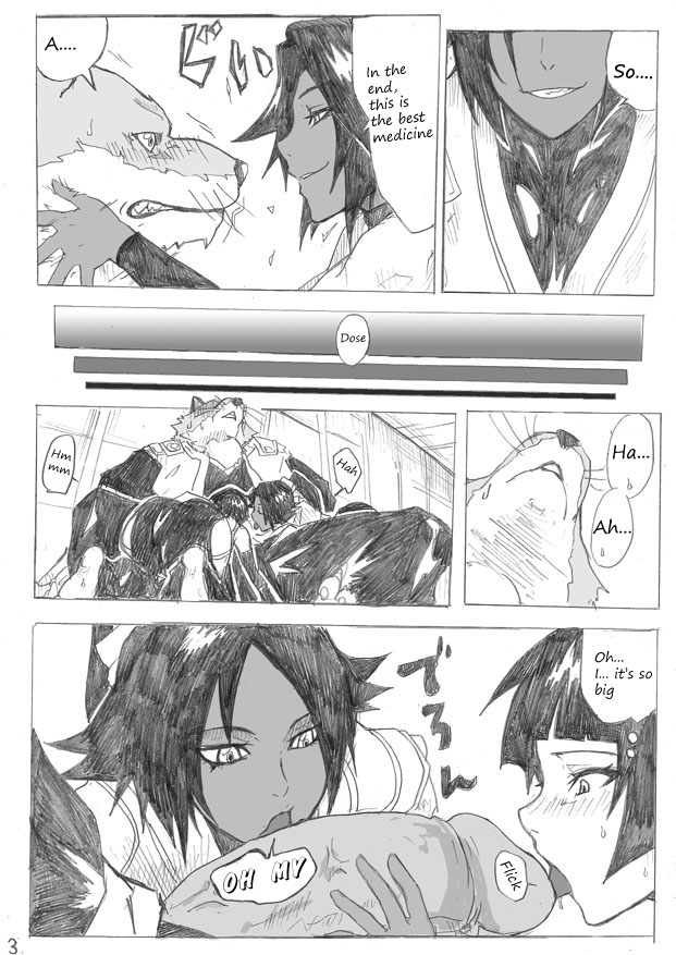 1girls bleach canine dark-skinned_female dark_skin doujin doujinshi english_text female interracial interspecies male/female page_3 sajin_komamura shihouin_yoruichi soifon straight straight_sex tagme threesome