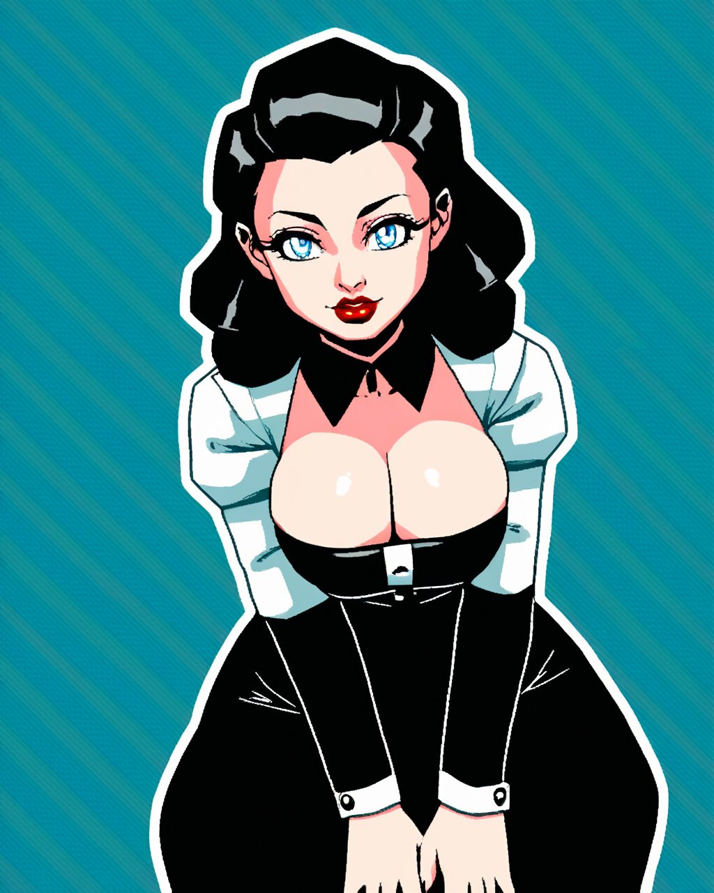 ai_generated big_breasts bioshock bioshock_infinite black_hair blue_eyes breasts busty cleavage dress elizabeth_comstock female female_focus female_only hourglass_figure lipstick long_hair makeup saucy_trove sitting skirt tagme wide_hips