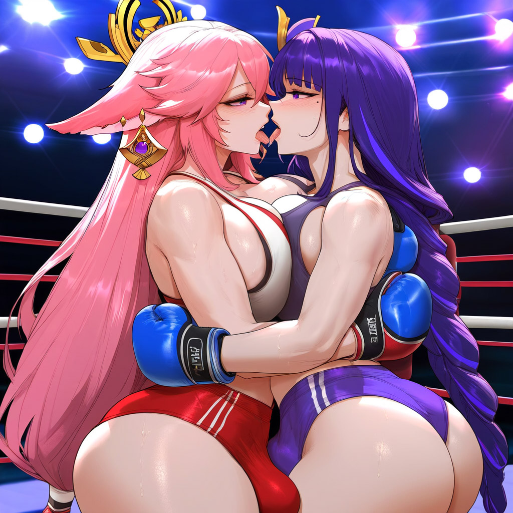 2girls ass bangs blush boxing_gloves braid breast_press breasts breasts_press bulge bulge_through_clothing closed_eyes erection_under_clothes face_to_face genshin_impact gym huge_breasts kissing large_breasts lens_flare long_hair multiple_girls pink_hair purple_eyes purple_hair raiden_shogun saliva shorts sky stadium sun symmetrical_docking tongue tongue_out very_long_hair yae_miko yuri