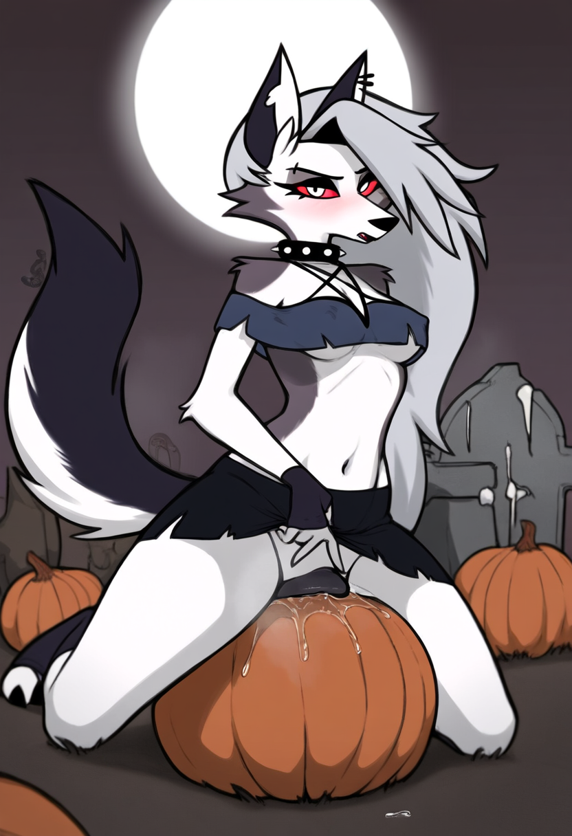 anthro anthro_only canine_pussy claws cookie-girl digitigrade ear_piercing grey_fur jack-o'-lantern loona_(helluva_boss) masturbating masturbation open_mouth paws pumpkin pumpkin_masturbation red_dress red_eyes small_breasts thigh_highs upskirt white_fur white_hair witch_costume witch_hat wolf_ears wolf_girl wolf_humanoid wolf_tail