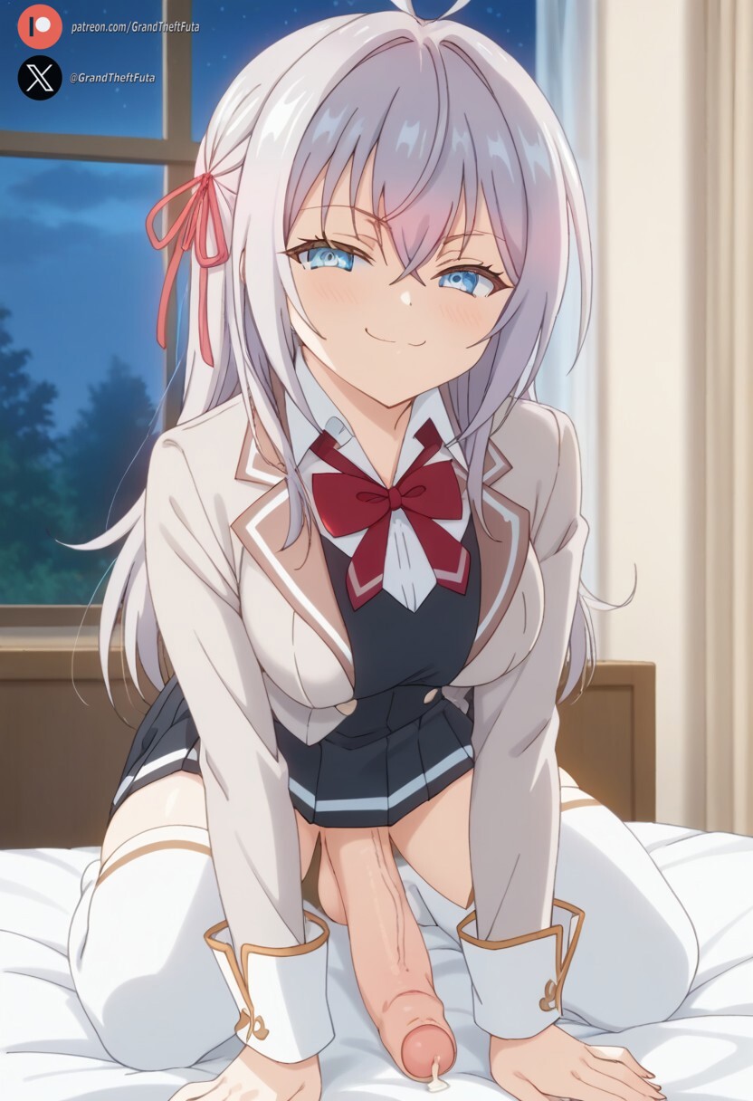 1futa ai_generated alisa_mikhailovna_kujou balls bedroom big_penis blue_eyes blush clothing cock dickgirl futa_only futanari huge_cock indoors light-skinned_futanari light_skin long_hair looking_at_viewer penis precum roxygtf smug_face solo tokidoki_bosotto_russian_de_dereru_tonari_no_alya-san white_hair