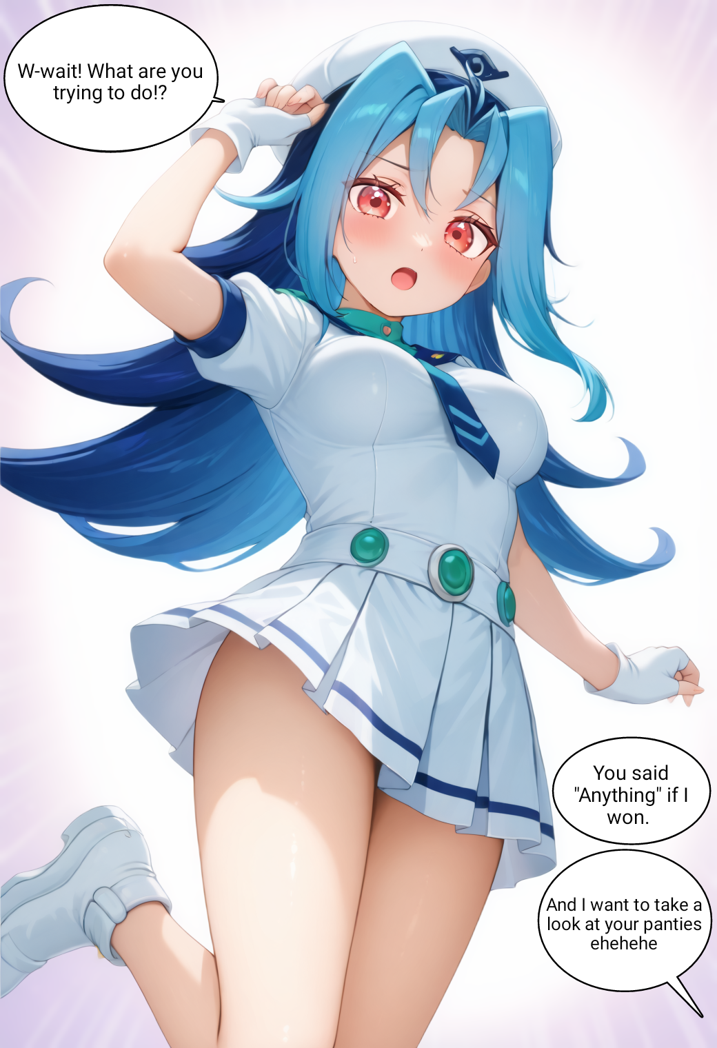 ai_generated blue_hair blush edit female huge_breasts iggycpu kamishiro_rio long_hair low-angle_view nervous open_mouth red_eyes rio_kamishiro sailor_uniform skirt sweatdrop text thighs yu-gi-oh! yu-gi-oh!_zexal