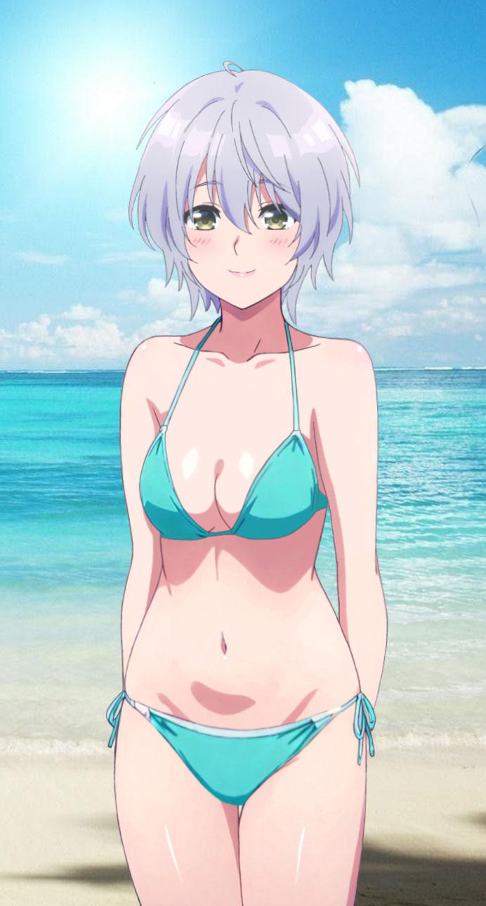 1girls beach blue_underwear female female_focus girl green_eyes kikichi_fuuka silver_hair smile solo_female swimsuit tagme