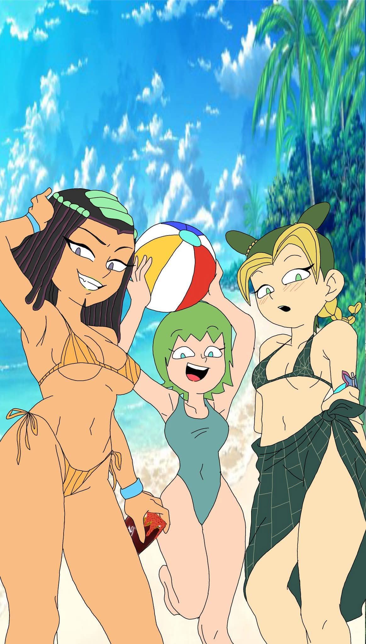 3girls, artist request, bikini, curi, edit, ermes costello, foo fighters, jojo's bizarre adventure, jolyne kujo, stone ocean, tagme, tagme (artist)