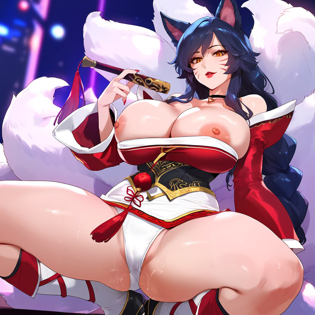 1girls ahri animal_ears areola_slip areolae bangs bare_shoulders black_hair blush boots breasts breasts_outside choker cleavage collarbone detached_sleeves eyebrows_visible_through_hair fingernails fox_ears fox_tail groin hair_between_eyes hair_ornament holding huge_breasts kitsune kneehighs korean_clothes league_of_legends lips long_fingernails long_hair long_sleeves looking_at_viewer multiple_tails nail_polish nipples panties pink_nails shiny_skin solo squatting strapless tail thighs tongue tongue_out underwear vastaya very_long_hair whisker_markings white_panties yellow_eyes