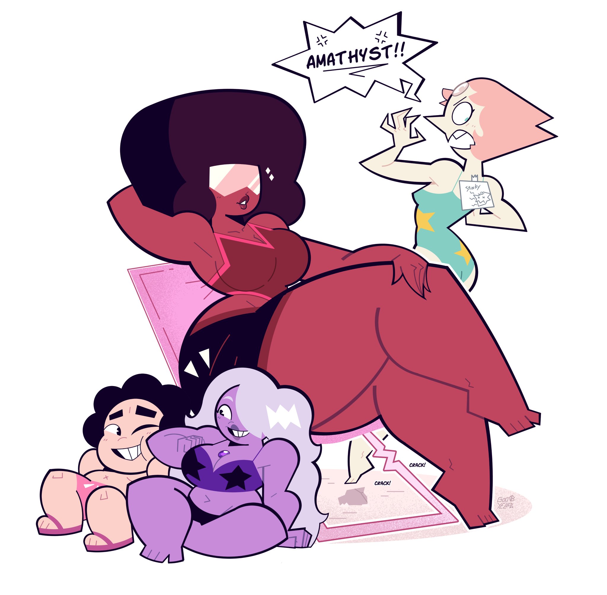 amethyst (steven universe), big thighs, cracks, dialogue, female, garnet (steven universe), goodbyellow, pearl (steven universe), steven quartz universe, steven universe, thick thighs, wholesome