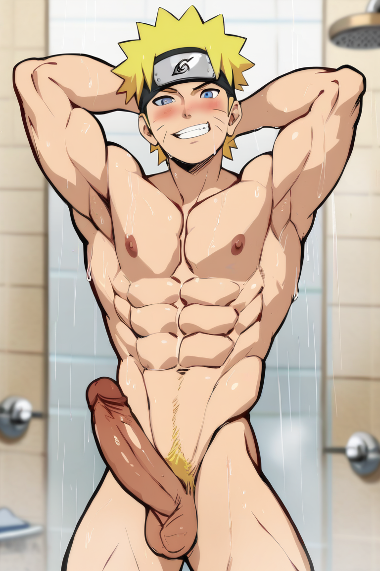 abs ai_generated blonde_hair blue_eyes blush blush cock headgear kyulinai male_only naruto naruto_(series) naruto_shippuden nipples pubic_hair solo uncensored uzumaki_naruto water