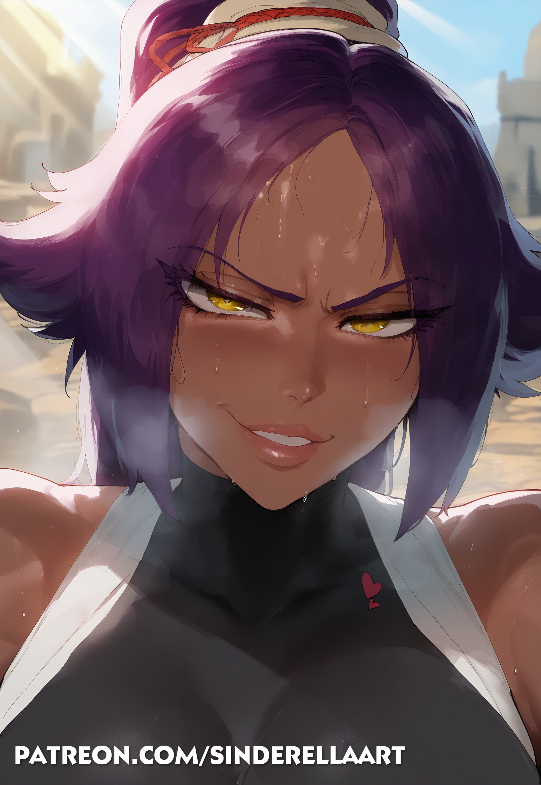 ai generated, big breasts, bleach, breasts, breasts bigger than head, busty, commission, curvaceous, dark skin, dark-skinned female, desert, female, huge breasts, large breasts, patreon, patreon url, patreon username, public, shihouin yoruichi, sinderellaart, thick, voluptuous, voluptuous female