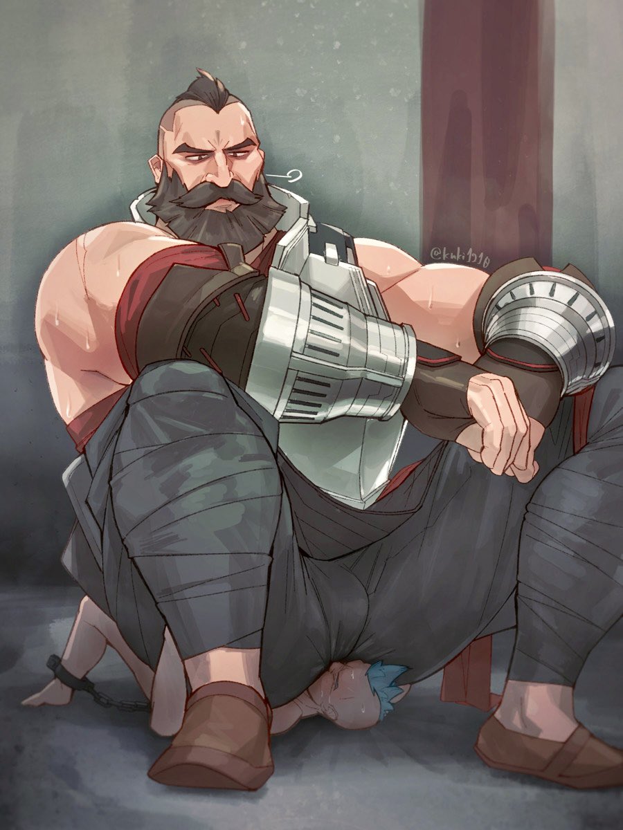 arcane bara beard bulge clothing facesitting facial_hair flaccid fully_clothed gay kuki1210 league_of_legends male male_only muscles muscular rictus_(league_of_legends) sitting_on_person size_difference sweat sweating