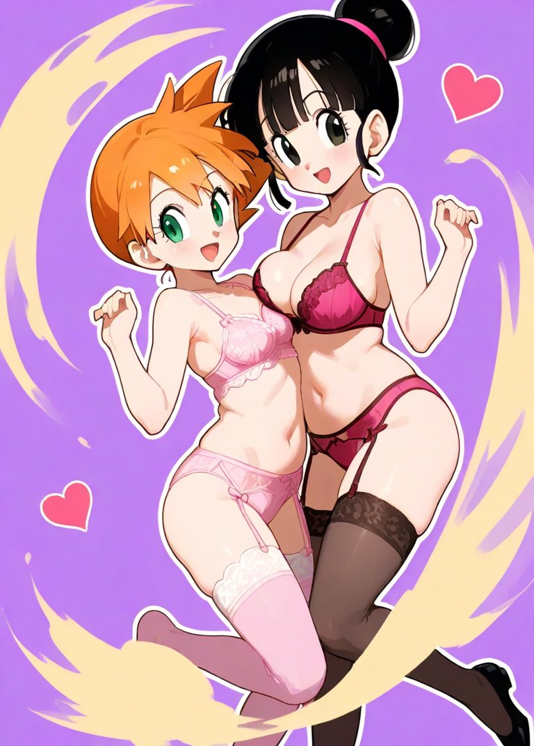 2girls :d ai_generated asymmetrical_hair bangs bare_arms bare_shoulders black_eyes black_footwear black_hair black_legwear black_thighhighs blunt_bangs blush bra breast-to-breast breast_press breasts chichi clavicle cleavage clothing dragon_ball earrings eyelashes female female_only footwear garter_belt garter_straps green_eyes hair_bun hair_ornament hands_up heart high_heels jewelry kasumi_(pokemon) lace lace_trim large_breasts legs legwear lingerie long_hair looking_at_viewer medium_breasts multiple_girls navel open-mouth_smile open_mouth orange_hair pantsu pink_bra pink_panties pink_underwear pokemon pokemon_character ponytail red_panties red_underwear shiny_skin shoes short_hair side_ponytail sidelocks single_hair_bun smile standing stomach thick_thighs thighhighs thighs tied_hair underwear underwear_only