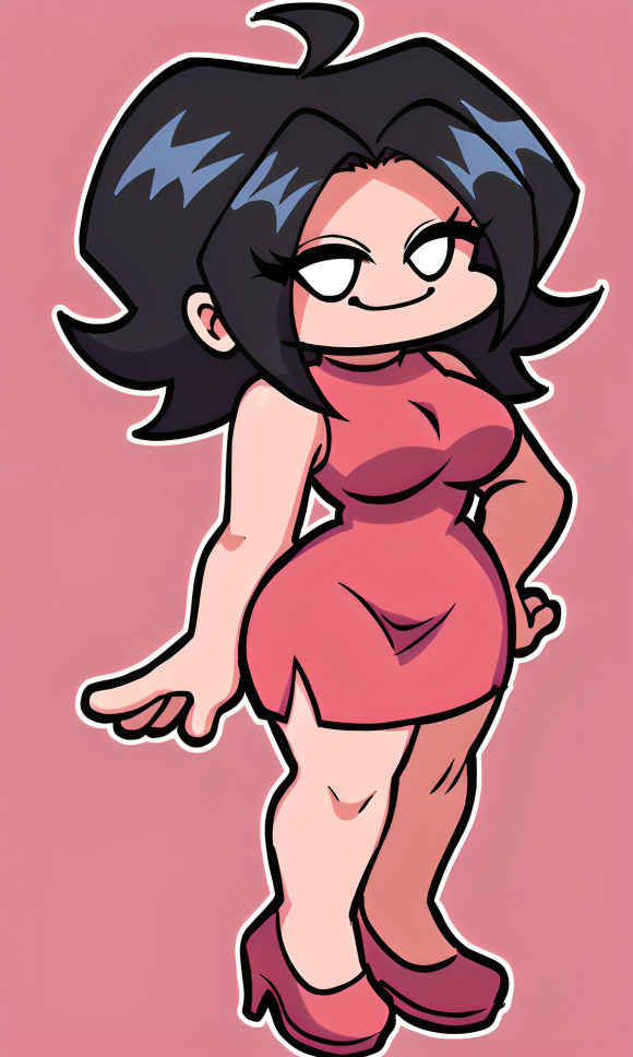 4_fingers ai_generated bangs black_hair curvy female friday_night_funkin fully_clothed looking_at_viewer nene_(newgrounds) pink_background pink_dress pink_heels pixai simple_background sleeveless_dress slim_waist smug solo white_eyes