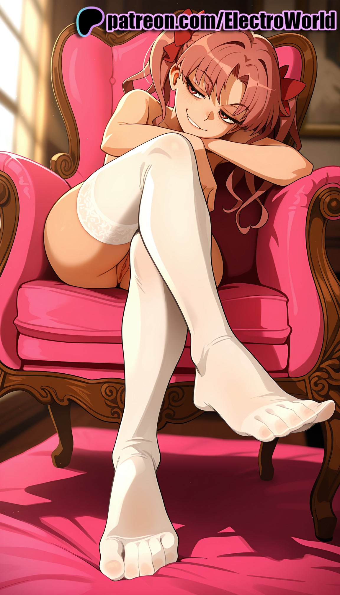 1girls, 2025, ai generated, armchair, artist name, bow, brown eyes, brown hair, chair, crossed legs, electroworld, feet, female, hairbow, hi res, high quality, high resolution, highres, looking at viewer, patreon, patreon username, shirai kuroko, shoes, sitting, smile, solo, stable diffusion, thighhighs, to aru kagaku no railgun, to aru majutsu no index, twintails, watermark, white legwear