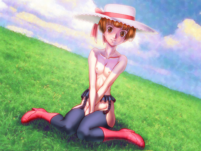 1990s 1999 1girls 20th_century boots breasts brown_eyes brown_hair female garter_straps grass gundam hat human light-skinned_female light_skin looking_at_viewer nipples short_hair sitting skirt sochie_heim solo tagme thighhighs turn_a_gundam youkai_ankake