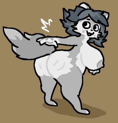 :3 anthro atlyss big_boobs big_breasts big_butt furry_female grey_body grey_fur grey_hair grey_tail noscope360 pixel_art poon_(atlyss) self_upload simple_background slapping_ass slapping_butt slapping_own_ass solo solo_female