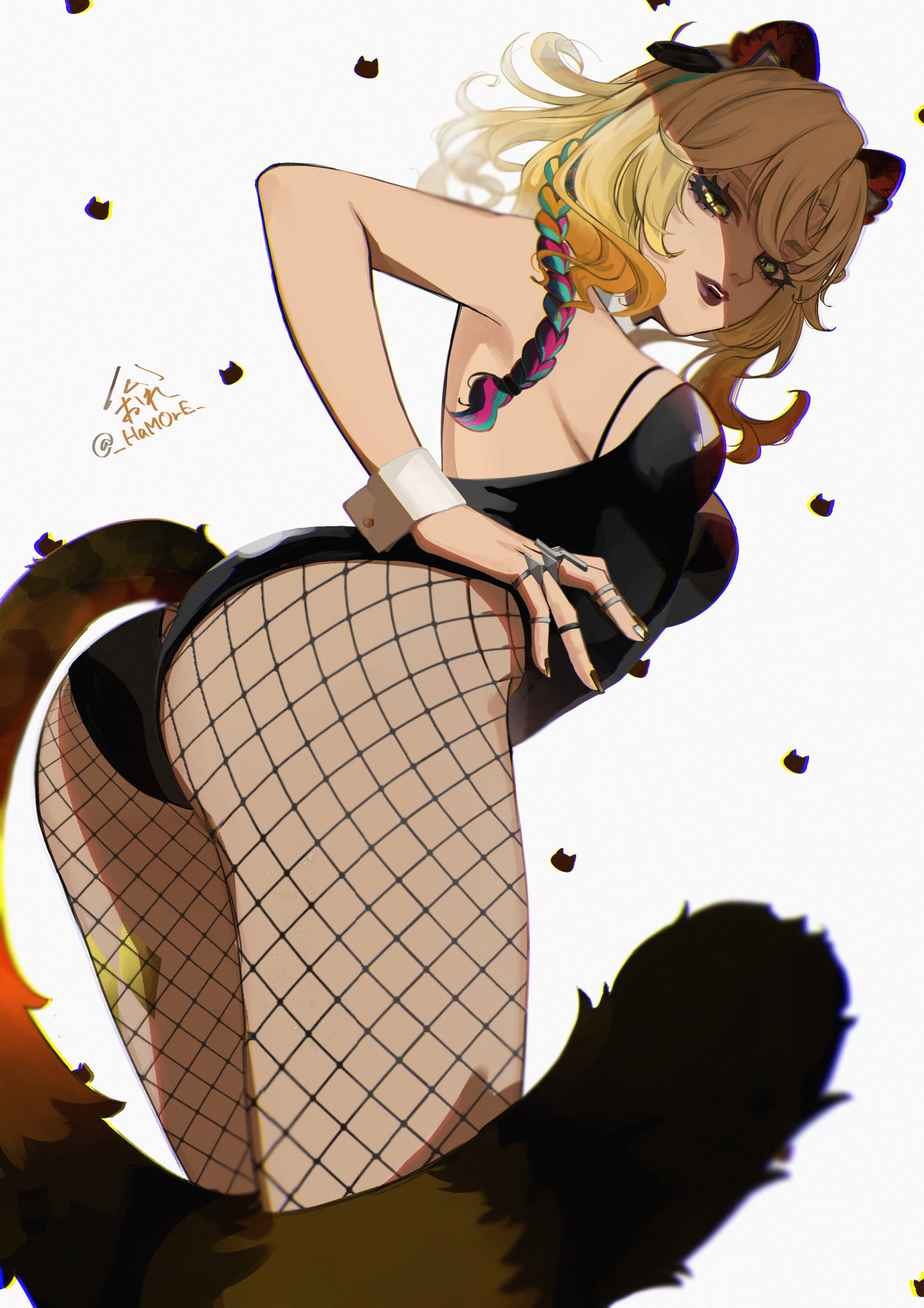 1girls 2024 artist_signature ass bent_forward bent_over big_ass big_butt black_leotard blonde_female blonde_hair blonde_hair_female blondie body_marking body_markings bunny_suit cuffs cuffs_(clothing) cutout detached_cuffs fat_thighs female female_focus female_only fishnet fishnet_legwear fishnet_stockings fishnets from_behind from_behind_position furry_ears furry_tail genshin_impact gold_jewelry gold_nails green_eyes green_eyes_female hair_ornament hair_ornaments hamore hand_on_hip hoyovere jaguar_girl jaguar_tail jewelry leotard lipstick multicolored_hair nail_polish no_sex october pale-skinned_female pale_skinned pale_skinned_female plump_ass plump_butt purple_lipstick rear_view ring rings silver_ring single_female solo_female tail thick_thighs thighs tight_fit white_background xilonen_(genshin_impact)