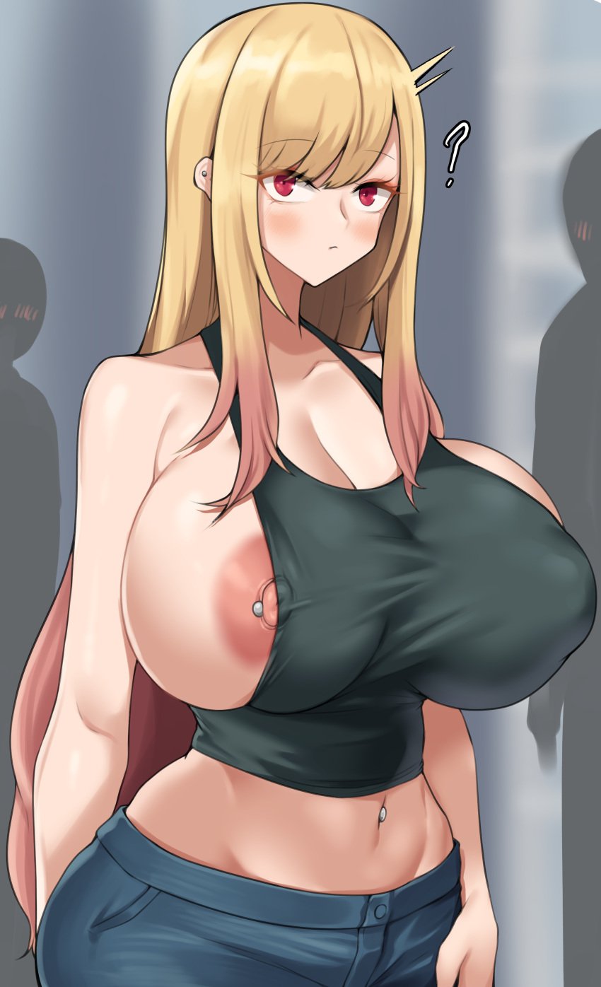 1girls 2022 ? areolae belly_button belly_button_piercing blonde_hair blush breasts bursting_breasts clothed clothed_female erect_nipples female female_focus female_only gyaru hi_res hips huge_breasts jeans kitagawa_marin large_areolae light-skinned_female long_hair massive_breasts navel navel_piercing nipple_piercing nipple_slip nipples oblivious one_breast_out puffy_nipples red_eyes red_hair slim_waist sono_bisque_doll_wa_koi_wo_suru spoken_question_mark tank_top tiger_drop two_tone_hair uninverted_pierced_nipples very_high_resolution wardrobe_malfunction wide_hips