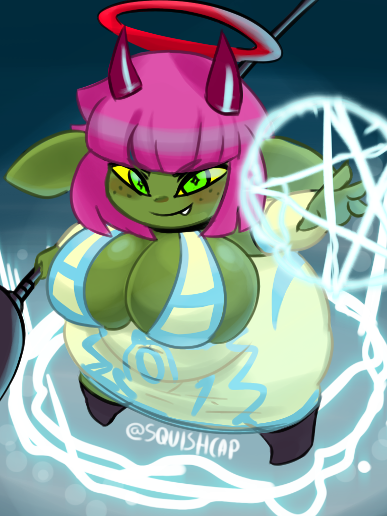 artist_signature atlyss chubby chubby_female dress enormous_ass freckles goblin goblin_female green_eyes green_skin halo horns huge_ass huge_breasts magic pink_hair shortstack spell squishcap_(artist)