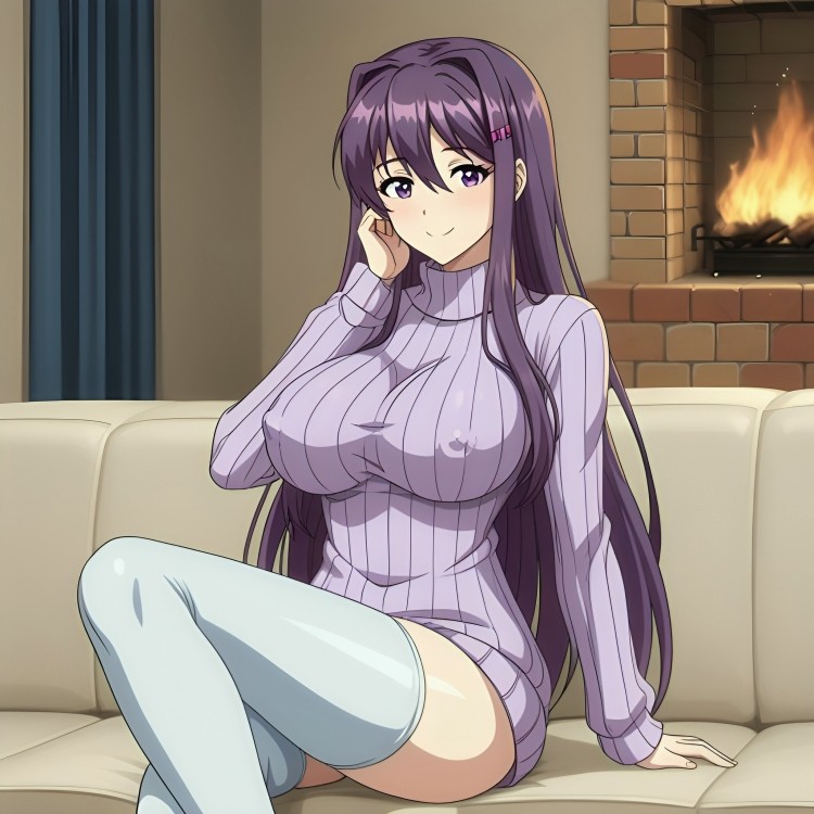 ai_generated big_breasts busty clothed curvy doki_doki_literature_club fireplace hairclip looking_at_viewer nipple_bulge no_bra no_panties no_pants pale_skin pixai purple_eyes purple_hair purple_sweater purple_turtleneck sitting_on_sofa sofa sweater thighhighs turtleneck white_thighhighs yuri_(doki_doki_literature_club)