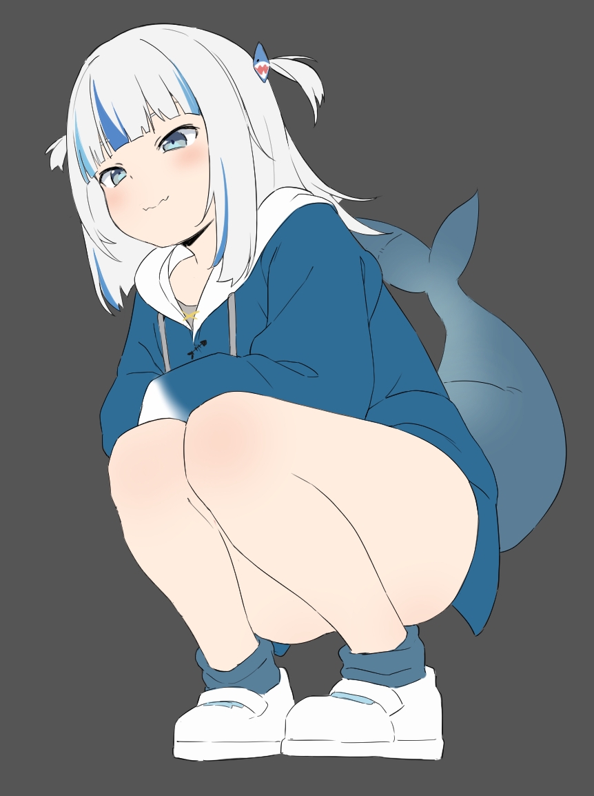 blue_eyes calves from_below gawr_gura hololive hololive_english hololive_myth holomyth hoodie kachobi_(user_atuh5854) knees knees_together_feet_apart legs light_skin parka shark_girl shark_tail shoes tail thighs twintails white_hair youjo young