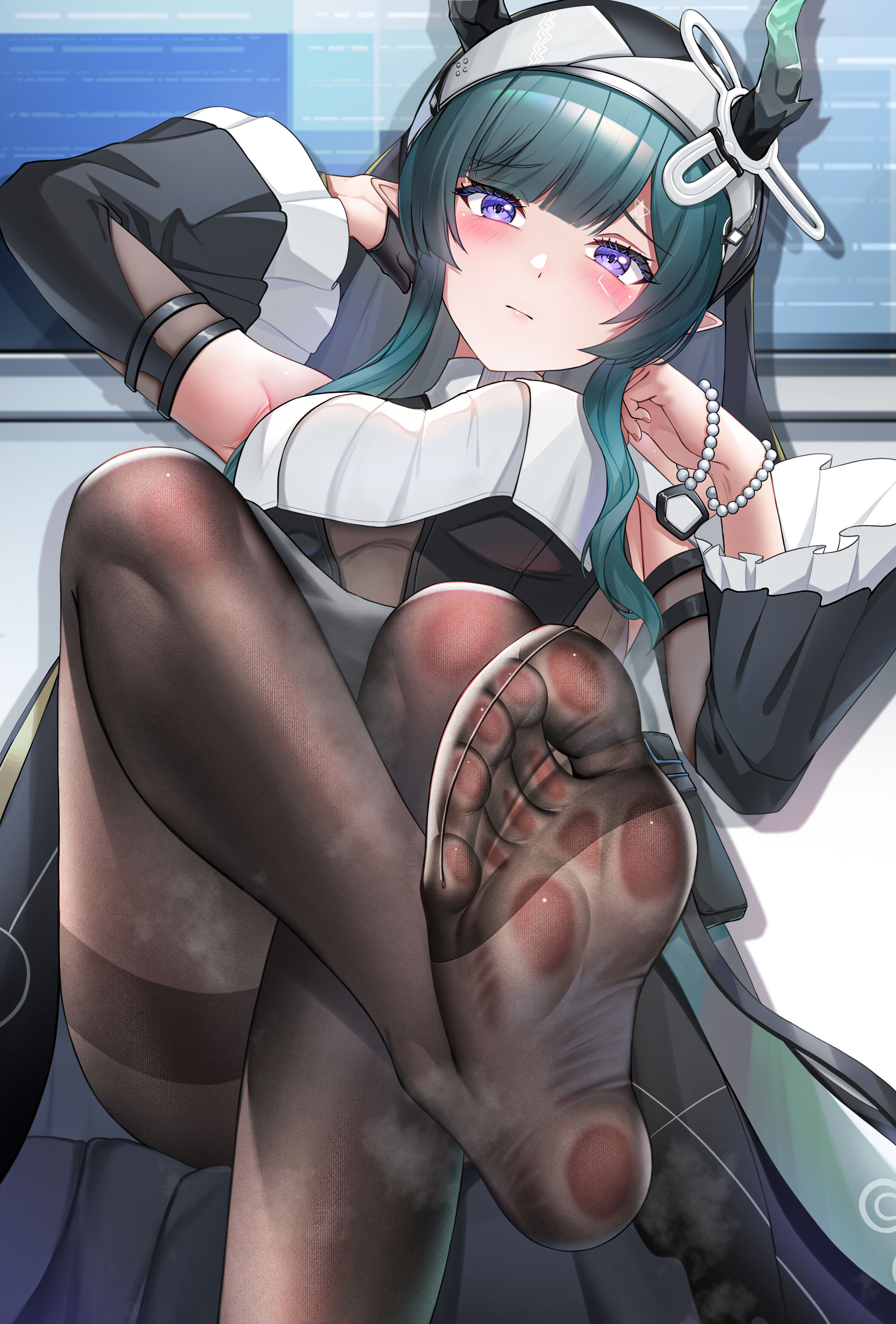 aqua hair, arknights, arknights: endfield, bare shoulders, black dress, black gloves, black horns, black veil, blunt bangs, blush, bracelet, breasts, brown pantyhose, closed mouth, detached sleeves, dress, drop shadow, feet, female, fingernails, foot focus, foot out of frame, frilled sleeves, frills, gloves, green horns, half gloves, hand in own hair, hands up, horns, horns through headwear, indoors, jewelry, leg up, long hair, long sleeves, looking at viewer, medium breasts, multicolored horns, no shoes, nun, nun headdress, pantyhose, pearl bracelet, pointy ears, presenting foot, purple eyes, raised eyebrows, reiku09, screen, sidelocks, single glove, sitting, sleeveless, sleeveless dress, soles, solo, steaming body, thighband pantyhose, toes, two-tone dress, two-tone horns, veil, white dress, wide sleeves, xaihi (arknights: endfield)