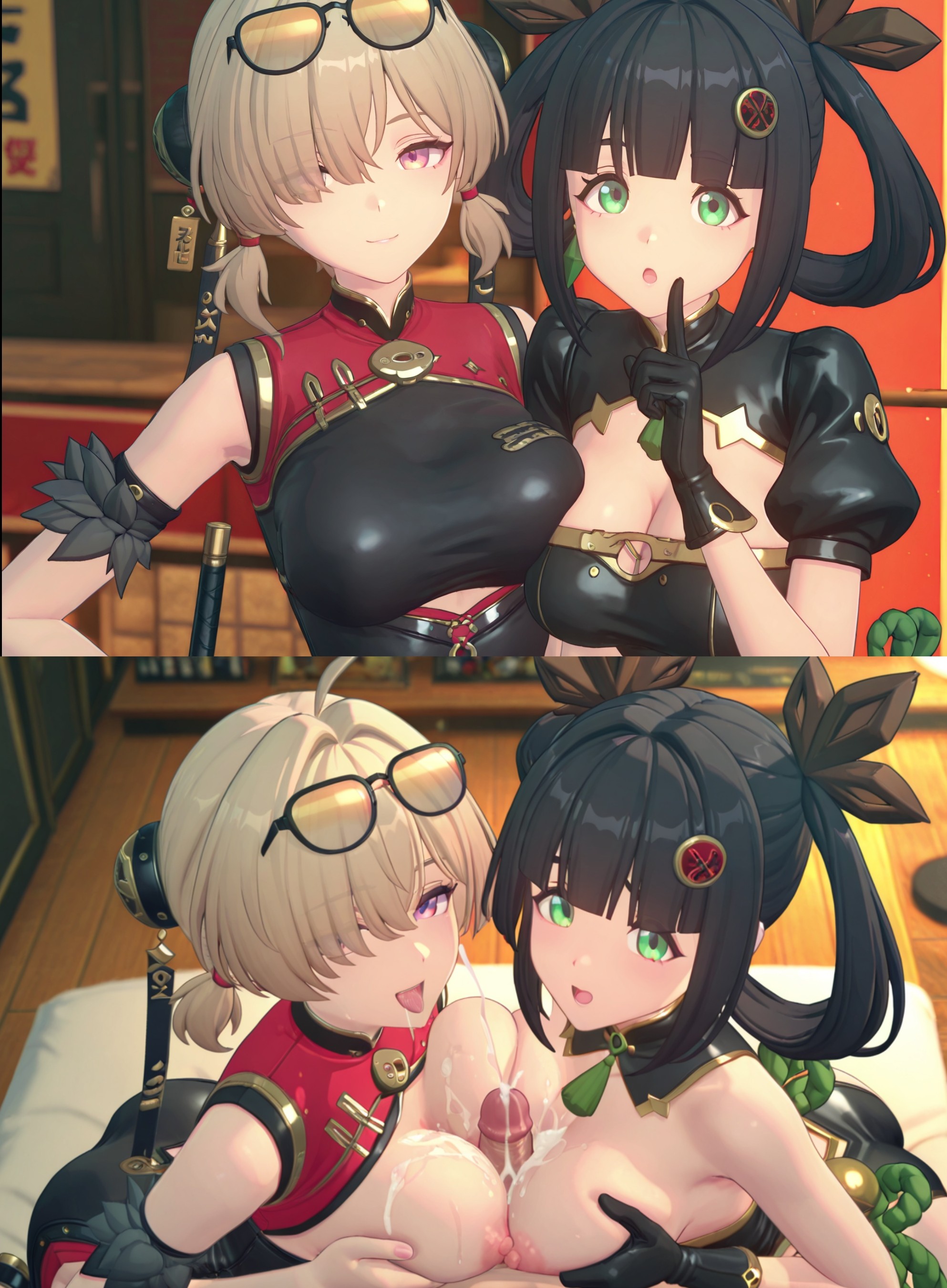 1boy, 2girls, ai generated, blaze (zenless zone zero), cooperative paizuri, cum on breasts, ejaculation, ffm threesome, large breasts, paizuri, penis, sweety (zenless zone zero), threesome, zenless zone zero