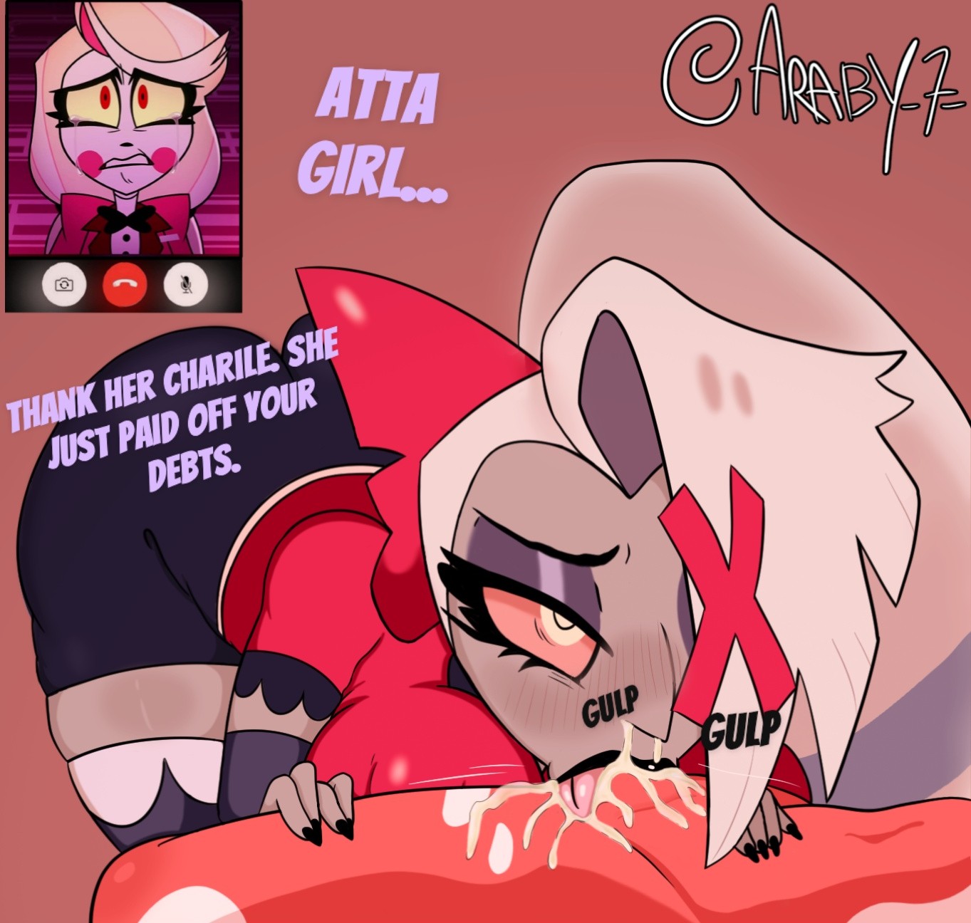 1 eye, angel, araby, big ass, big breasts, big penis, blonde hair, blowjob, blush, breasts, cellphone, charlie morningstar (hazbin hotel), cheating, cheating girlfriend, clothed, clothing, cuckquean, cum, cum in mouth, cum inside, demon, dialogue, erection, faceless male, fellatio, grey body, hair, hazbin hotel, infidelity, interspecies, male, male/female, nude, open mouth, oral, orientation play, penis, saliva, sex, simple background, straight, thick thighs, tongue, tongue out, vaggie (hazbin hotel), white hair