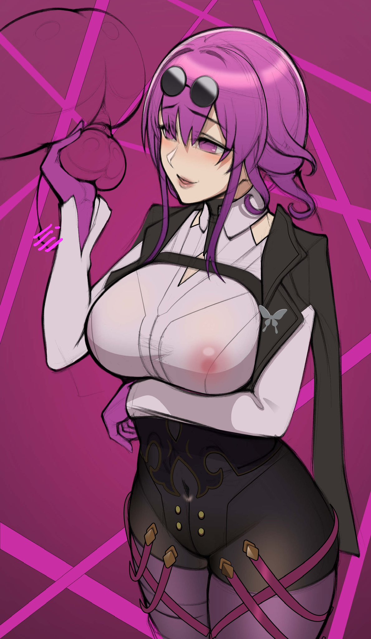 1boy, 1girls, balls, cock, dick, eyebrows visible through hair, female, genitals, glasses, hair between eyes, honkai: star rail, kafka (honkai: star rail), moore2black, nipples visible through clothing, penis, purple eyes, purple eyes female, purple hair, purple hair female, testicles, woman