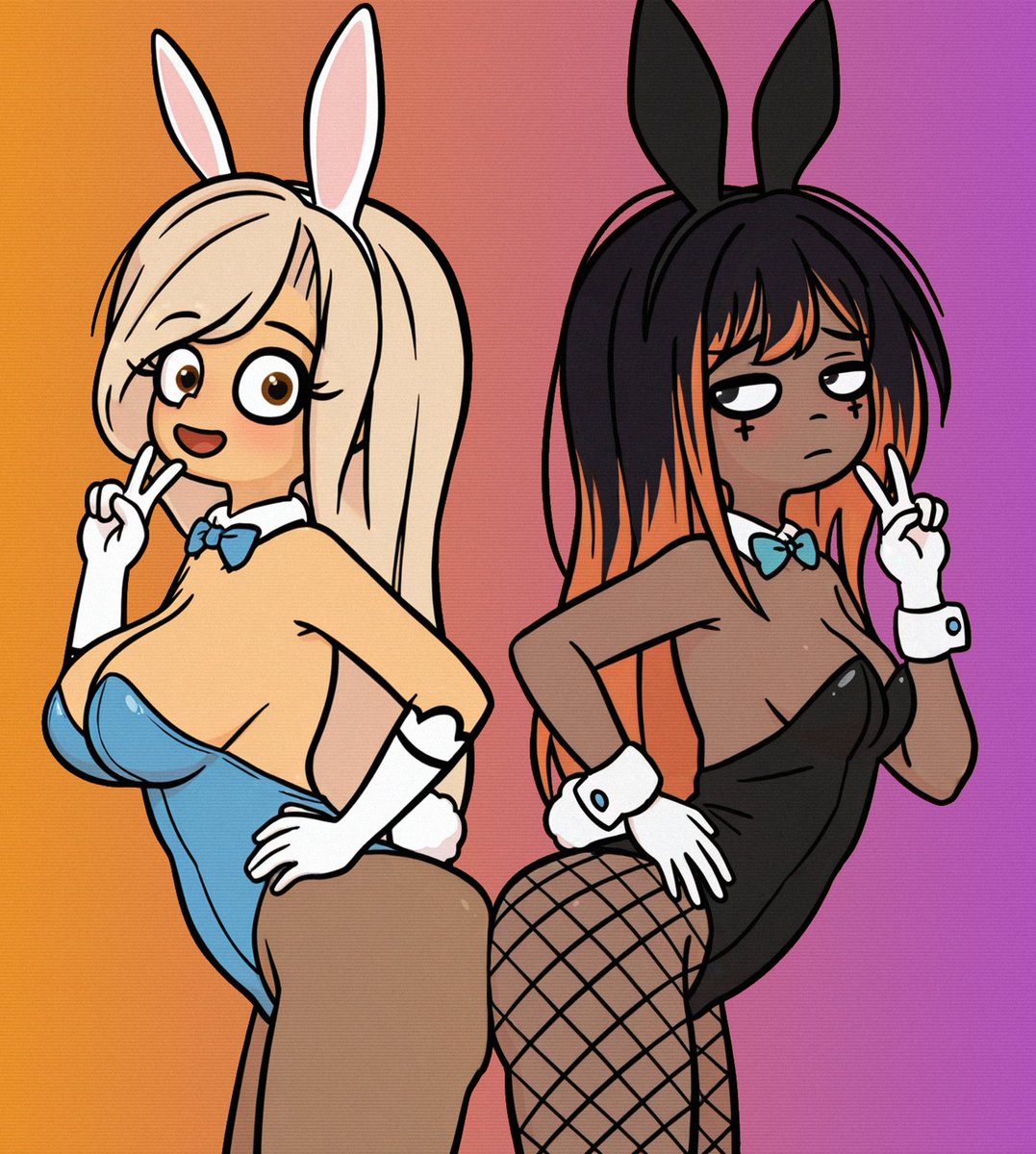 2girls, ass, ass to ass, black hair, blonde hair, breasts, brown eyes, bunny ears, bunny tail, bunnysuit, chocolate and vanilla, cleavage, cleo (ongezellig), closed mouth, coco schoppenboer, dark skin, dark-skinned female, dyed hair, eyebrows visible through hair, eyelashes, eyeliner, female, female focus, female only, fishnets, goth girl, gradient background, half-closed eyes, hand on hip, large breasts, looking at viewer, medium breasts, ongezellig, open mouth, open smile, orange hair, pantyhose, peace sign, playboy bunny, smile, tie, unamused, v sign