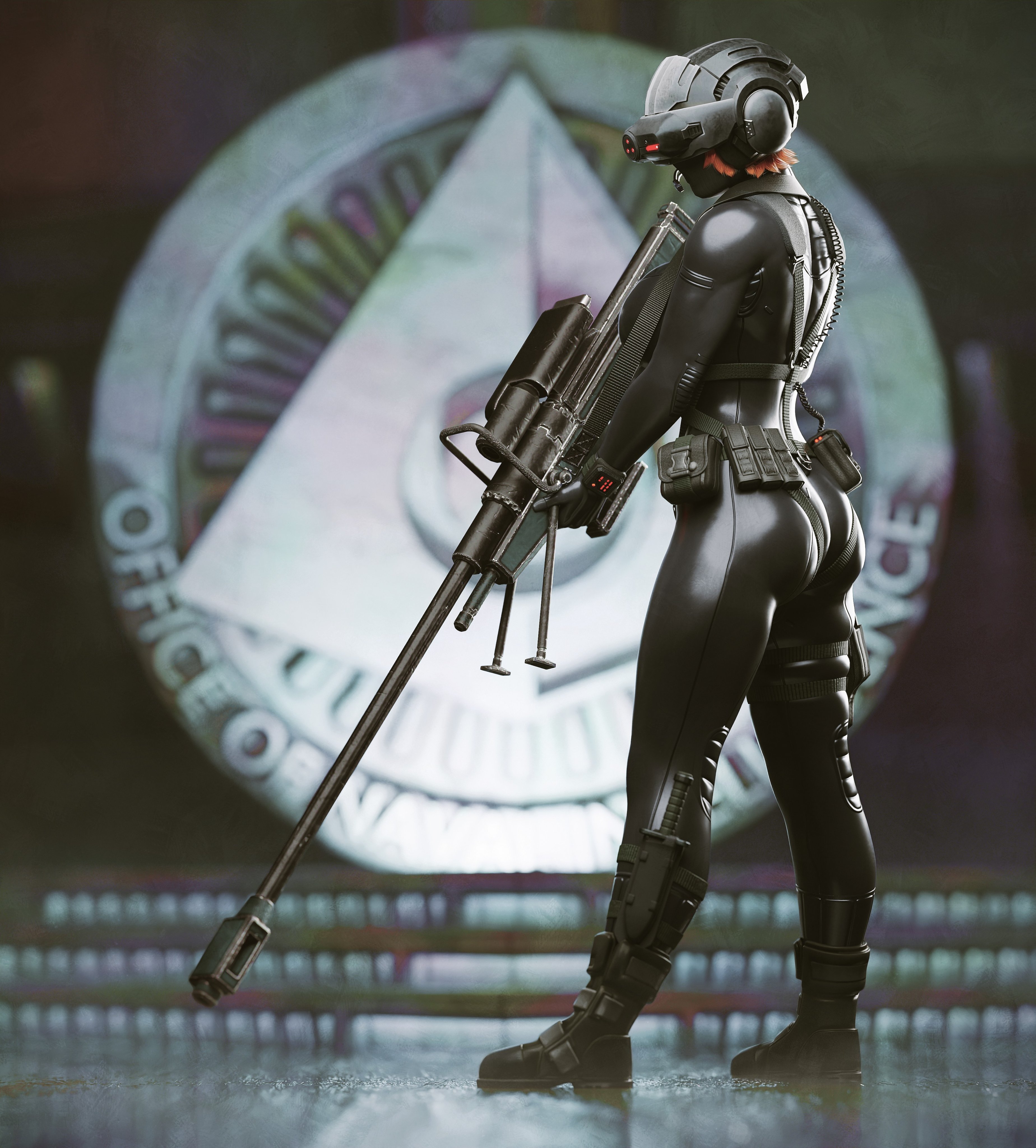 1girls, apulaz, ass, breasts, charlotte graves, clothing, crossbowpussycat, halo (series), helmet, holding object, holding weapon, large breasts, office of naval intelligence, red hair, skin tight, text, thighs