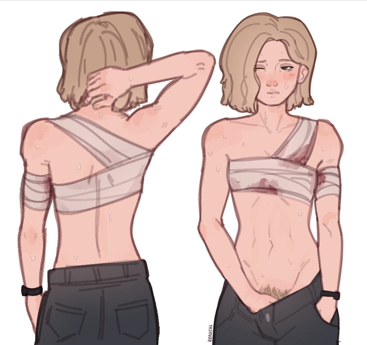 1girls, abs, asymmetrical hair, back view, bandage, bandaged arm, bandaged chest, bandages, biohazard, black jeans, black pants, blonde female, blonde hair, blonde pubic hair, blood stain, blush, breasts, bush, bushy pubes, capcom, female, female only, female pubic hair, flat chest, flat chested, grace ashcroft, hairy pussy, hand behind head, hand in pants, hand on crotch, hand on pussy, jeans, kingf1950, masturbating, masturbation, masturbation through clothing, navel, one eye closed, pubes, resident evil, resident evil 9: requiem, short hair, small breasts, solo, solo female, standing masturbation, stealth masturbation, sweat, sweatdrop, sweating, sweaty, sweaty body, toned, toned body, toned female, topless, topless female, wavy hair