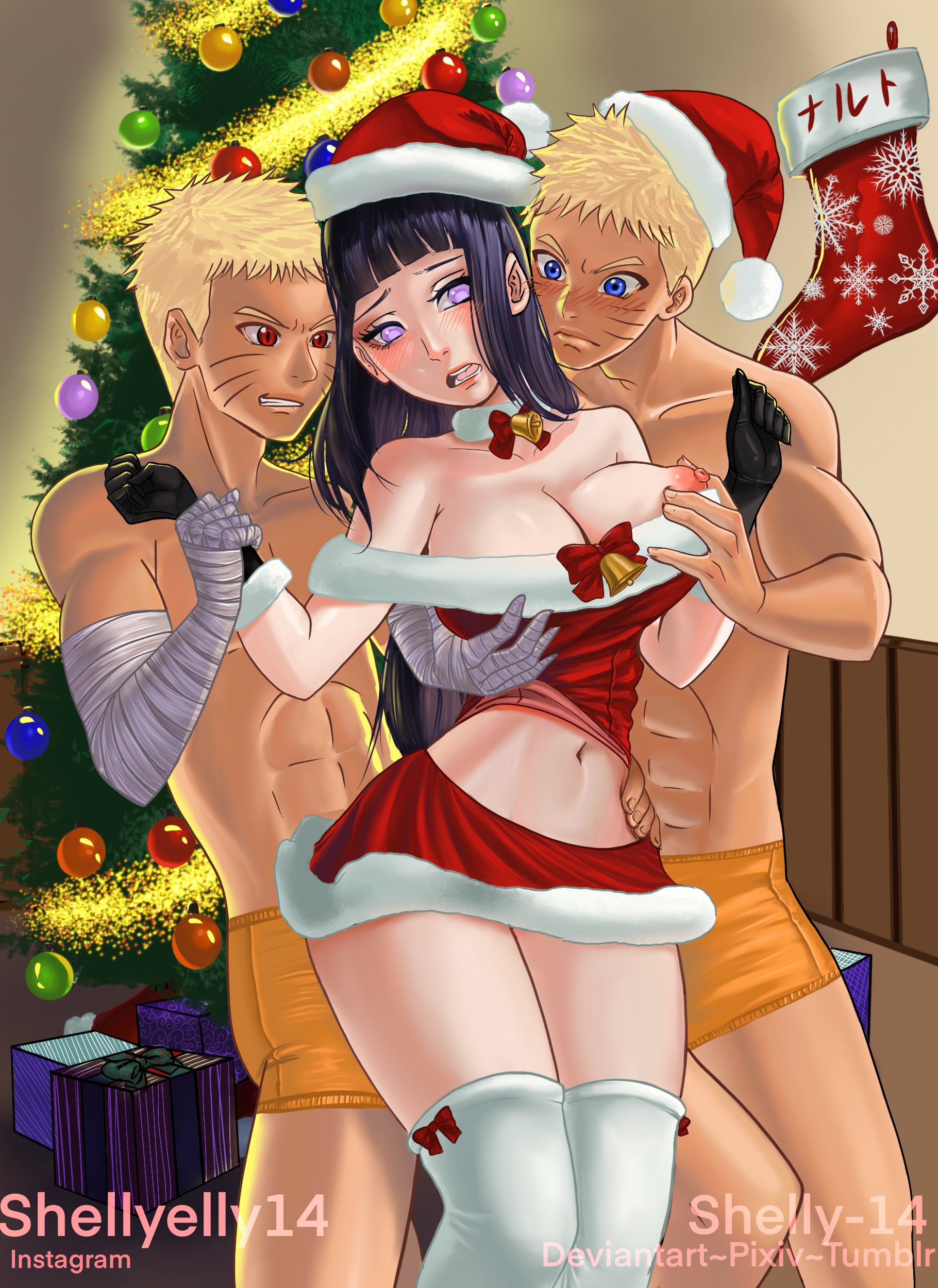 1girls, 2boys, alternate eye color, before sex, black hair, blonde hair, blue eyes, blush, breast grab, breasts, christmas tree, clone, couple, embarrassed, female, groping, holding arm, hyuuga hinata, imminent sex, imminent threesome, kurama, kurama (naruto), male, mmf, multiple boys, multiple males, naruto, naruto (series), naruto shippuden, naruto: the last, nipple slip, possessed, possession, red eyes, revealing clothes, santa costume, santa hat, shelly-14, shounen jump, underwear, uzumaki naruto, violet eyes