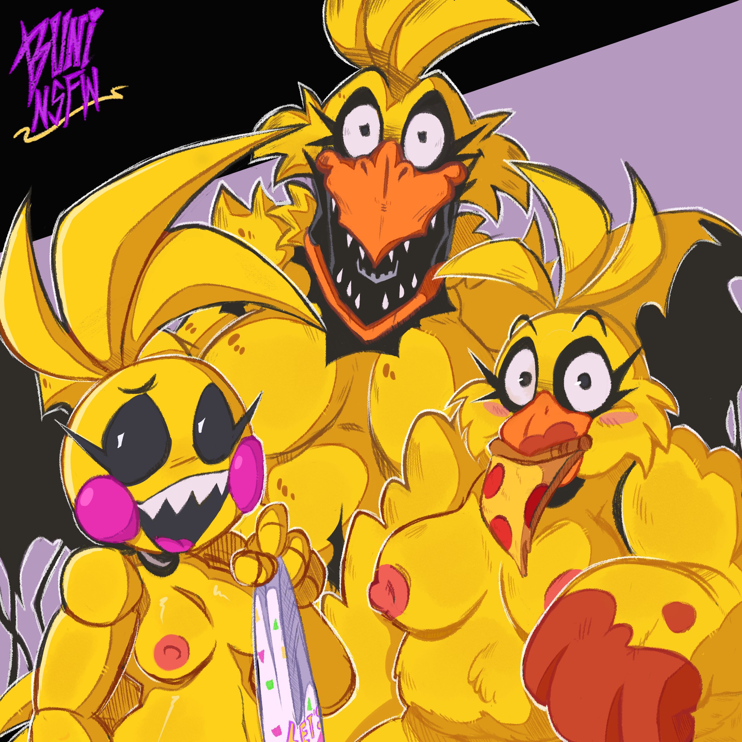 3girls, animatronic, beak, bib, big breasts, blush, blush lines, cheek fluff, chica (fnaf), classic chica (fnaf), exposed wires, eyelashes, eyeliner, female, female only, five nights at freddy's, five nights at freddy's 2, five nights at frickbears, five nights at frickbears 3, gushybuni, larger female, messy eater, nipples, orange beak, overweight, overweight anthro, overweight female, pink cheek marks, pink cheeks, pizza, sauce, sharp teeth, tongue, toy chica (fnaf), white pupils, withered chica, yellow body, yellow feathers