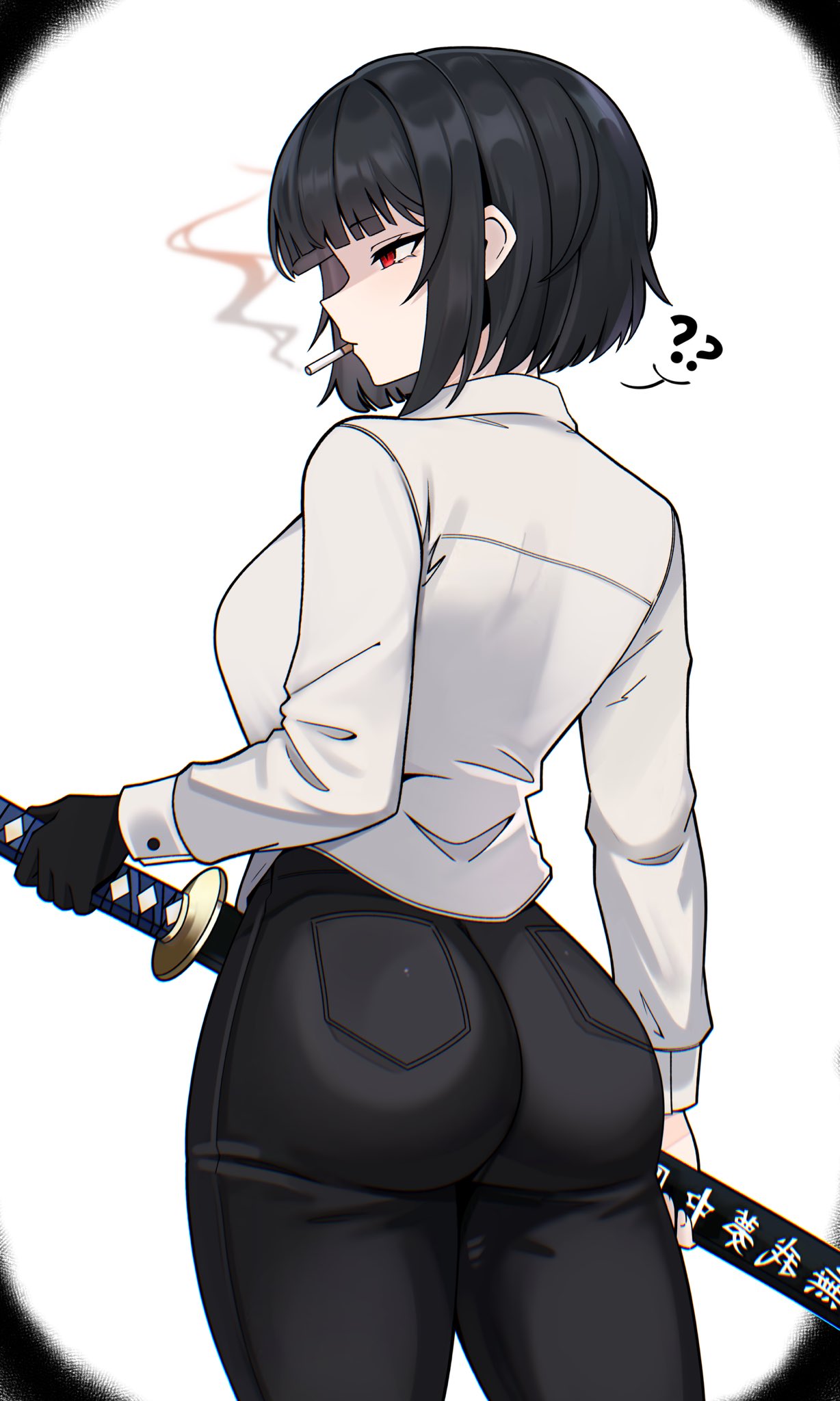 ass, back view, black gloves, black hair, cigarette, cigarette in mouth, cigarette smoke, enhanced breasts, female, female focus, female only, formal, formal attire, formal clothes, formal wear, fully clothed, gloves, katana, limbus company, m ayonessa, pale skin, pale-skinned female, project moon, question mark, red eyes, ryoshu (limbus company), ryoshu (project moon), short hair, smoking, sole female