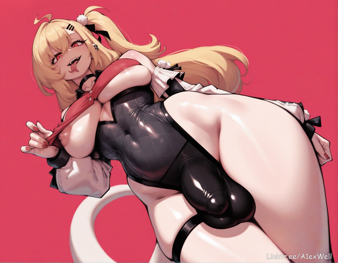 a1exwell, ai generated, areola slip, blonde female, blonde hair, bulge, bulge through clothing, choker, cissia (zenless zone zero), close-up, clothed, flaccid, flashing breasts, futanari, latex, leotard, looking at viewer, looking down, ponytail, red eyes, sole female, split tongue, tight clothing, tongue out, twitter, underboob, zenless zone zero