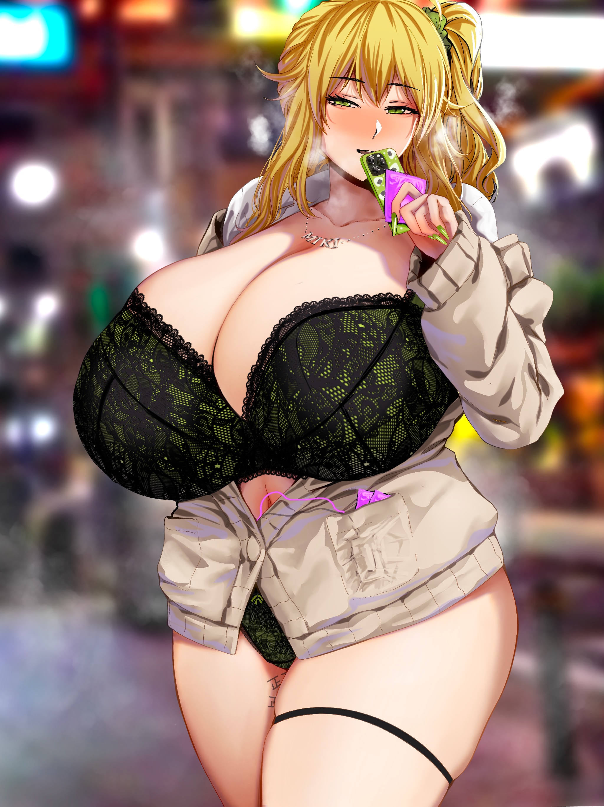 1girls, background, blonde hair, blurry background, body writing, breasts, cleavage, condom, condom wrapper, female, gigantic breasts, hidden vibrator, hoshii miki, huge breasts, human, idolmaster, japanese tally marks, kumadaibako, kumako (kumakonoh), phone, skimpy, solo, solo female, steam, steamy breath, tagme, tally marks, top heavy, vibrator, vibrator under clothes, voluptuous